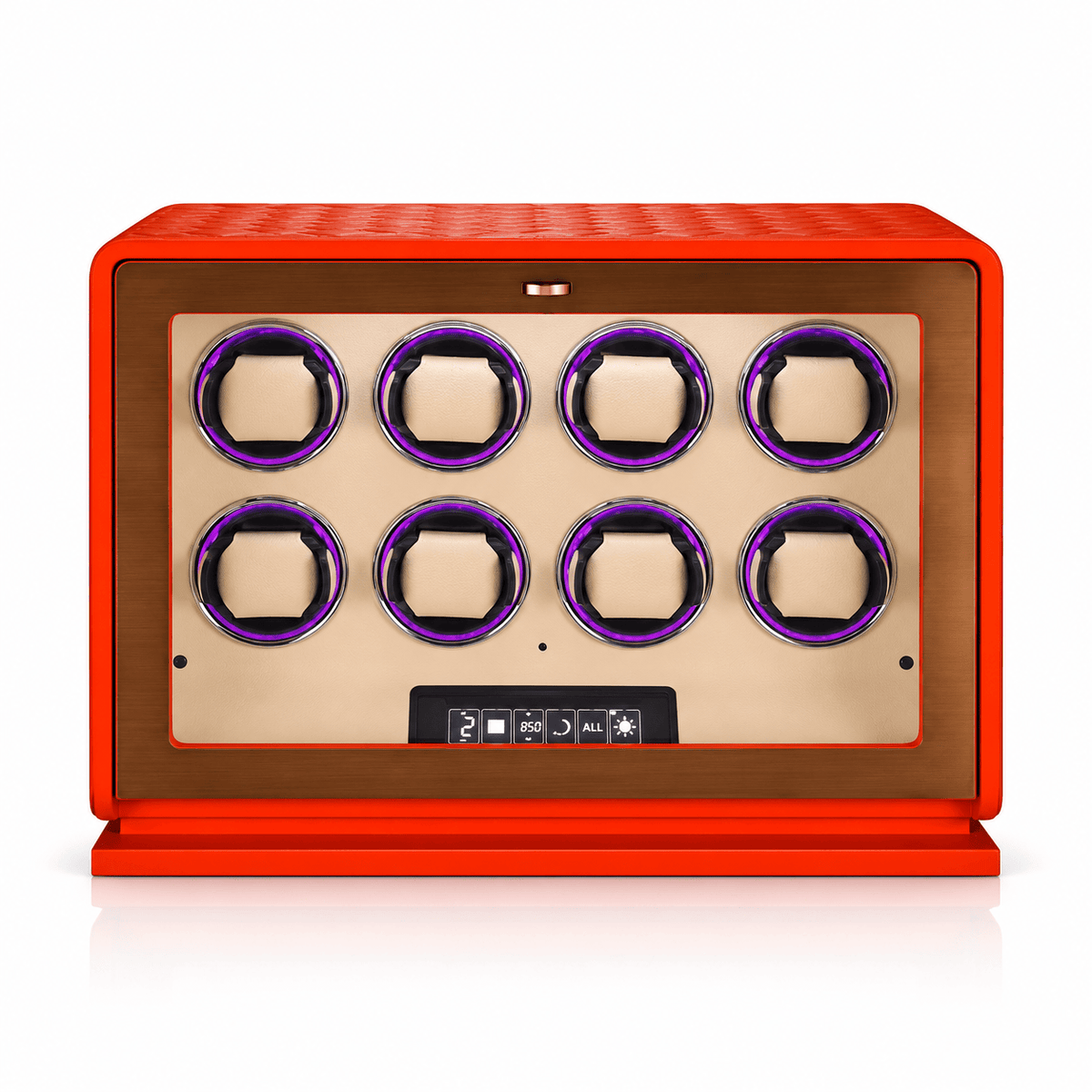 The Time Foundry 8 Slot Watch Winder for Automatic Watches, Orange Leather, 12-Point Motor