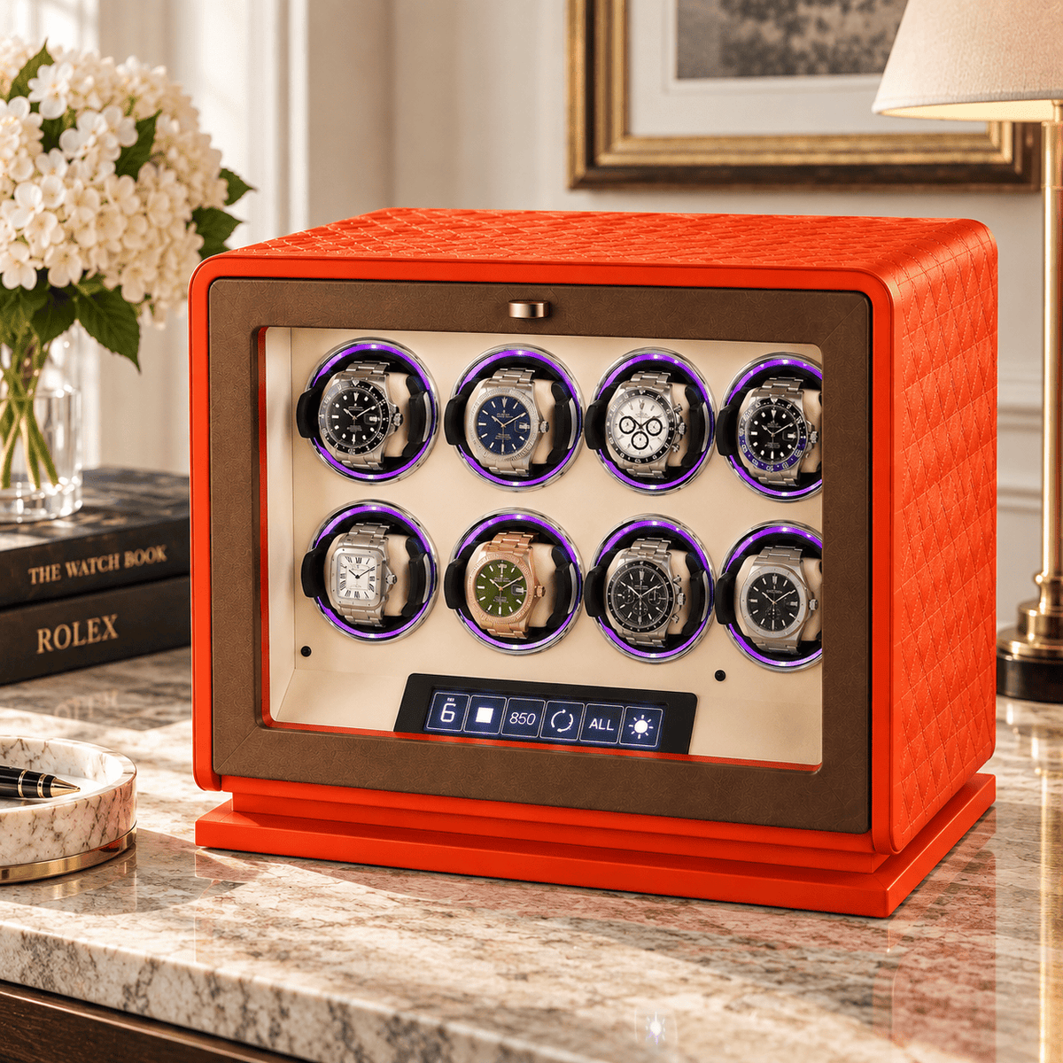 The Time Foundry 8 Slot Watch Winder for Automatic Watches, Orange Leather, 12-Point Motor