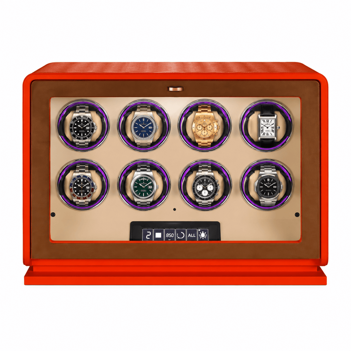 The Time Foundry 8 Slot Watch Winder for Automatic Watches, Orange Leather, 12-Point Motor