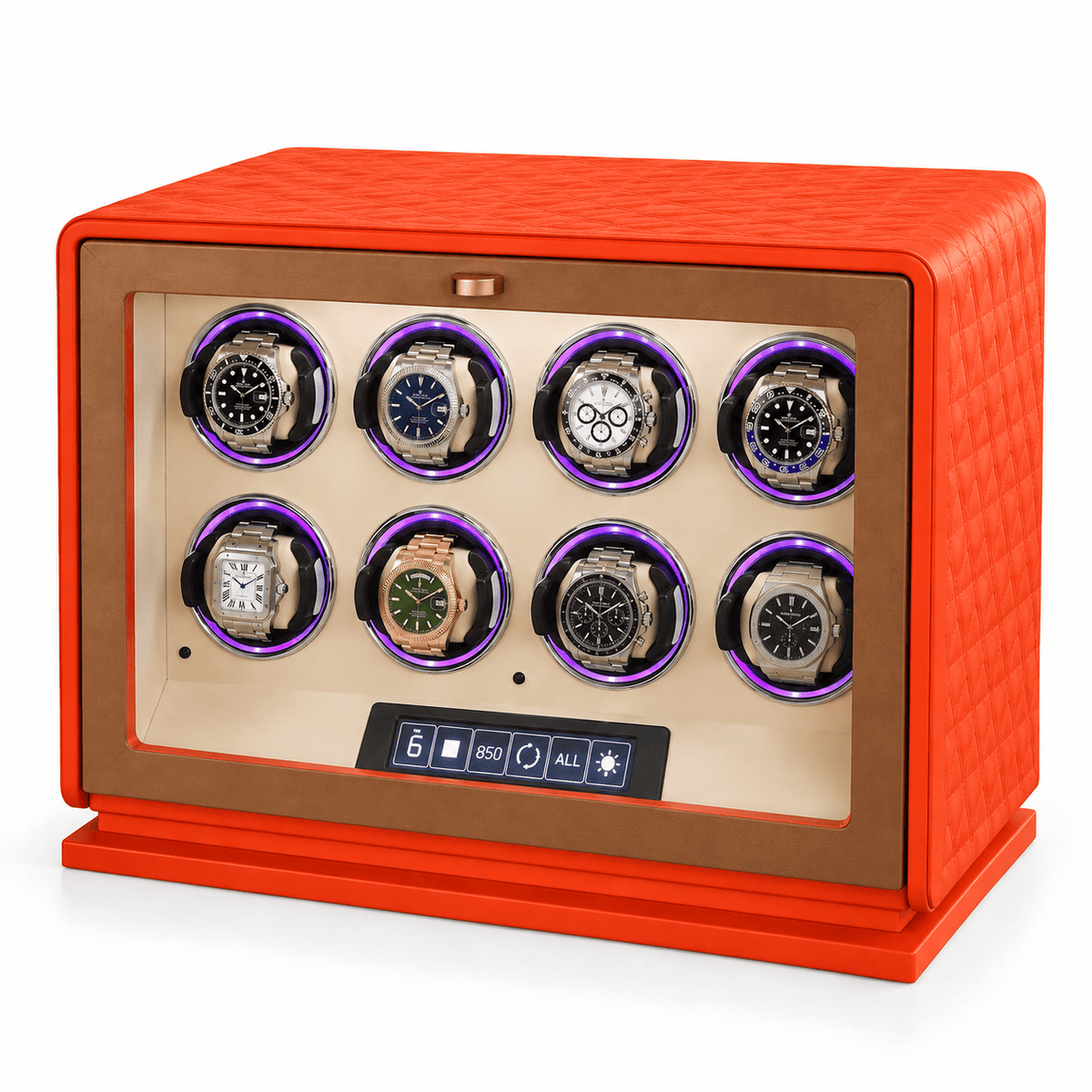 The Time Foundry 8 Slot Watch Winder for Automatic Watches, Orange Leather, 12-Point Motor