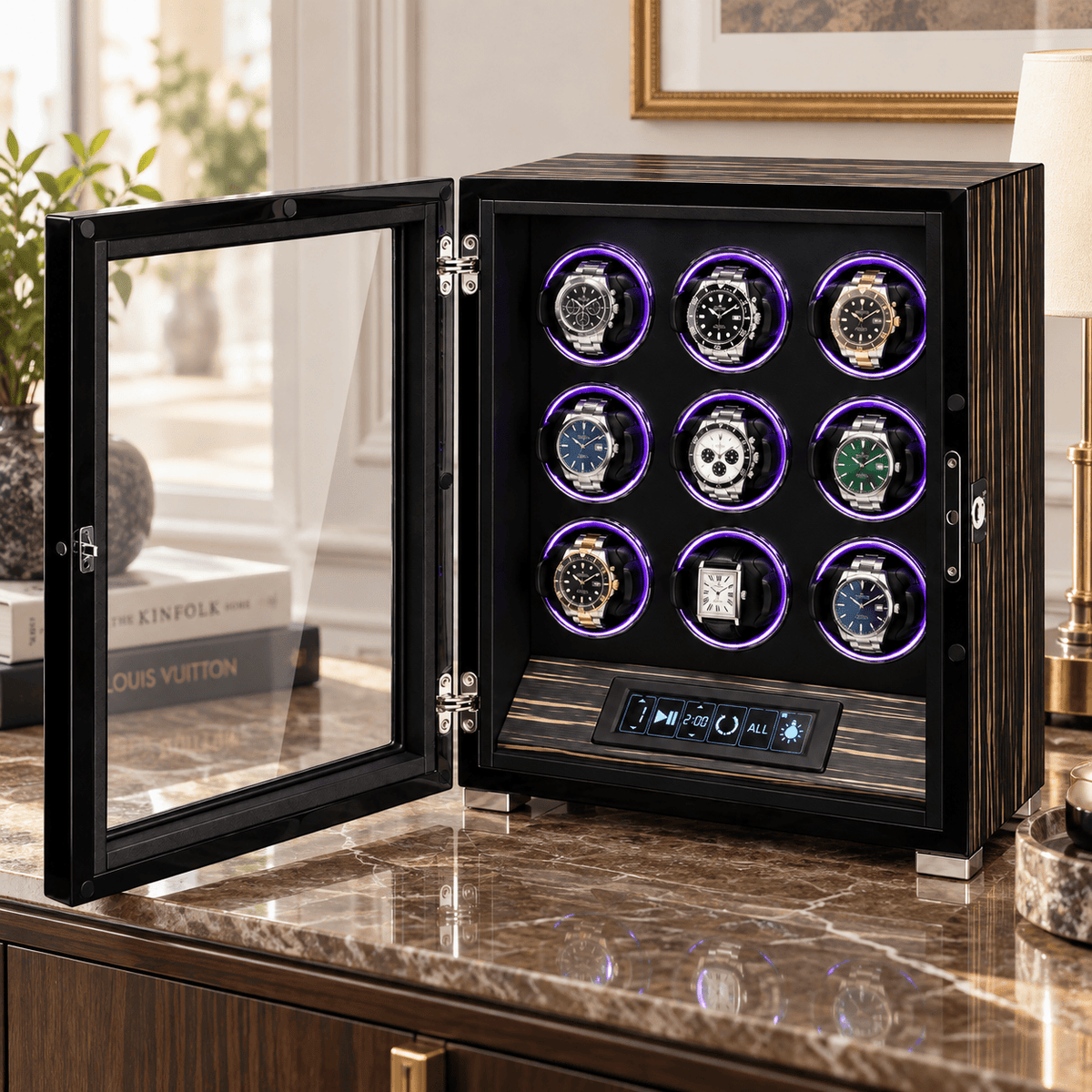 The Time Foundry 9 Slot Watch Winder for Automatic Watches, Ebony, 12-Point Motor, LED