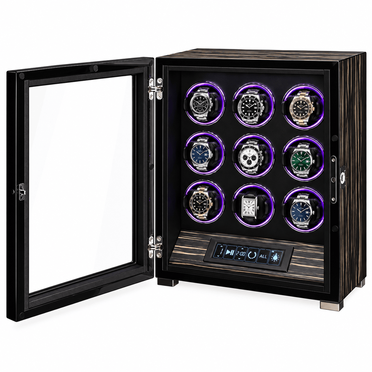 The Time Foundry 9 Slot Watch Winder for Automatic Watches, Ebony, 12-Point Motor, LED