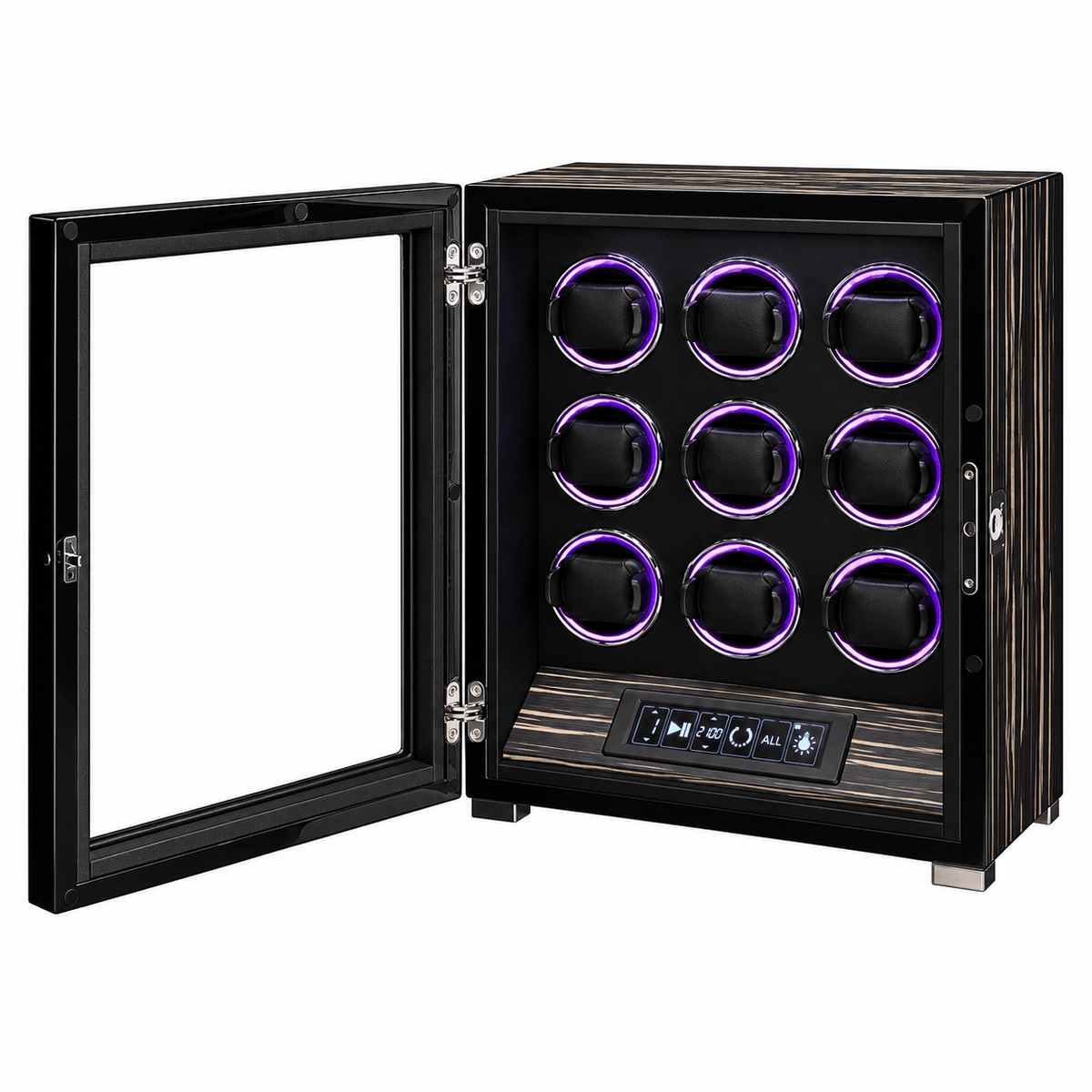 The Time Foundry 9 Slot Watch Winder for Automatic Watches, Ebony, 12-Point Motor, LED
