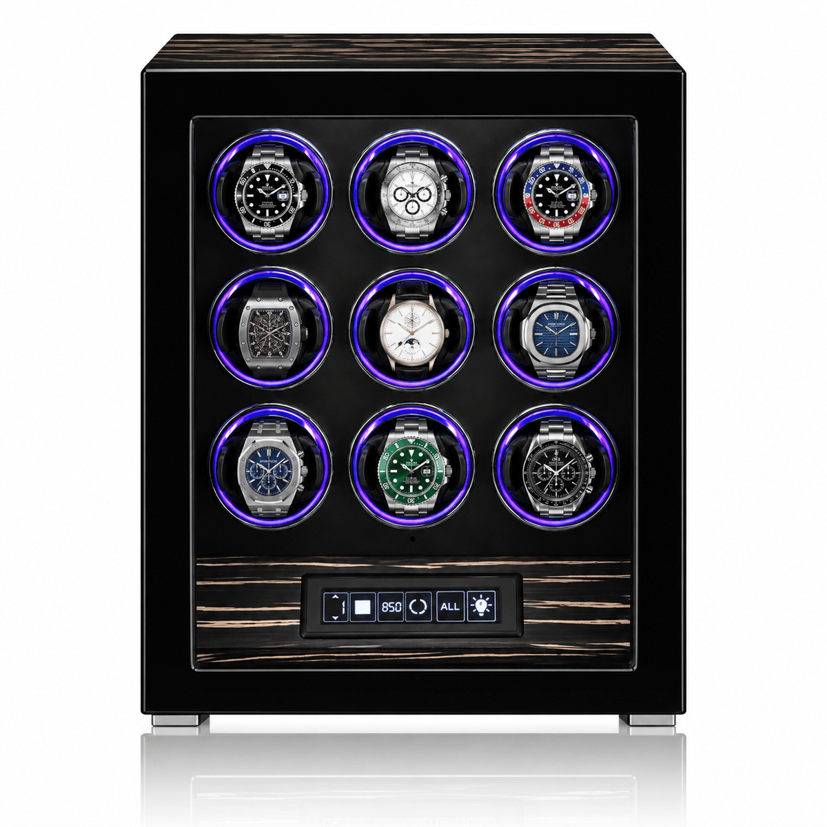 The Time Foundry 9 Slot Watch Winder for Automatic Watches, Ebony, 12-Point Motor, LED