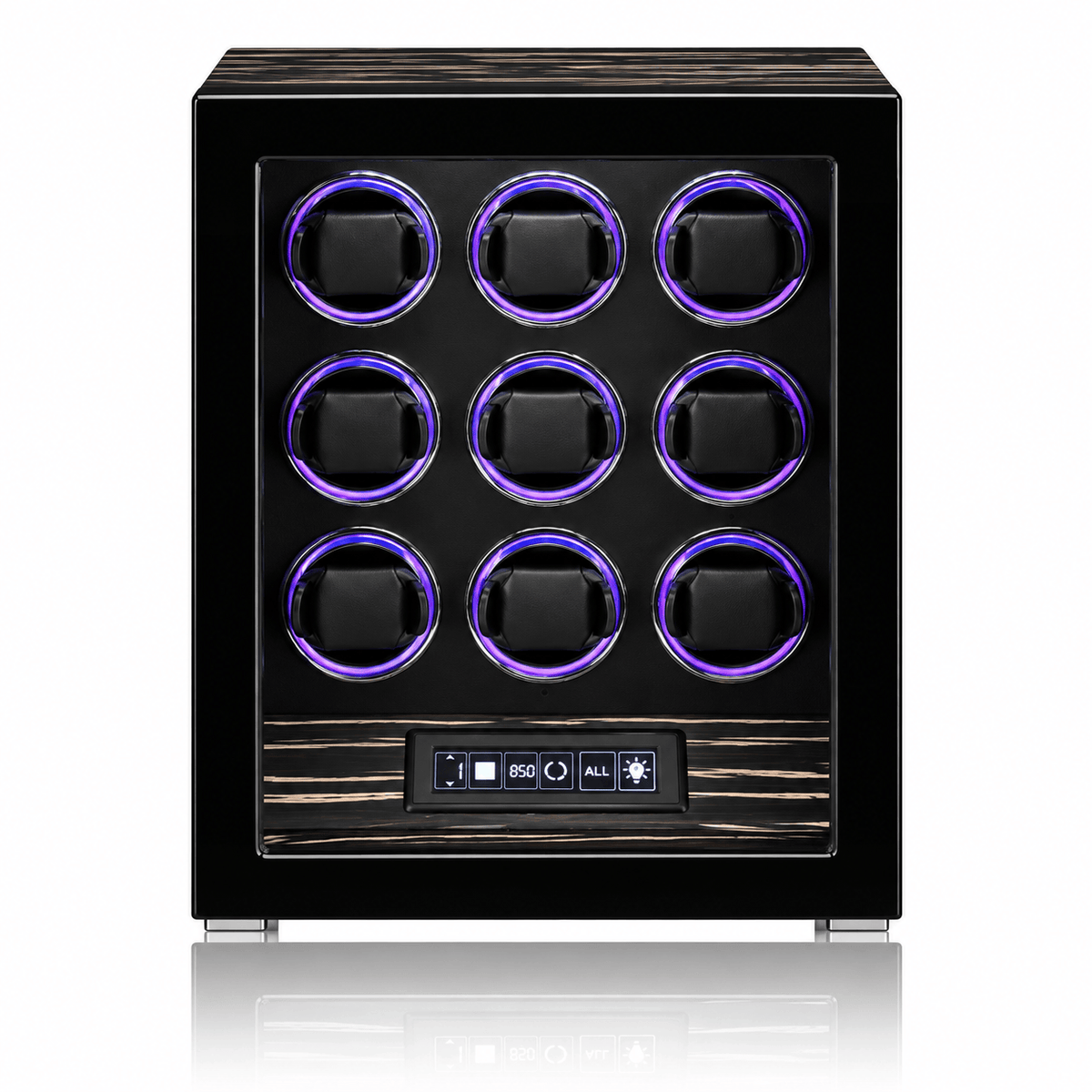 The Time Foundry 9 Slot Watch Winder for Automatic Watches, Ebony, 12-Point Motor, LED Image