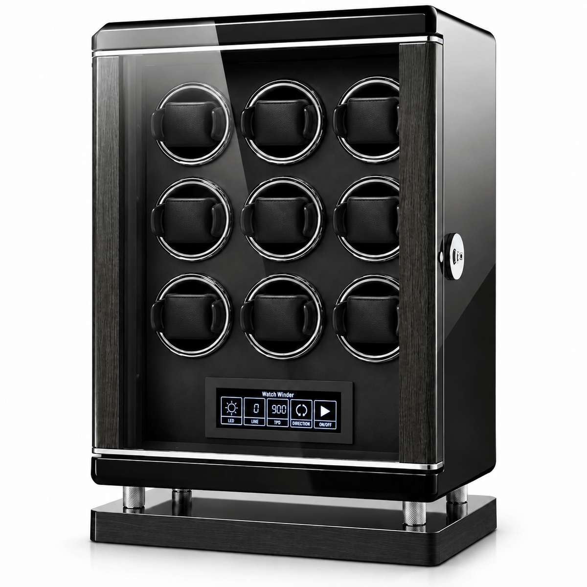 The Time Foundry 9 Slot Watch Winder for Automatic Watches, Piano Black, Japanese Motor