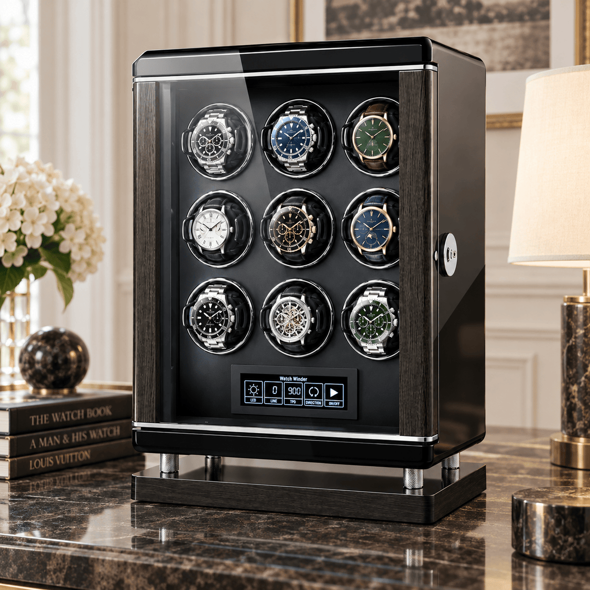 The Time Foundry 9 Slot Watch Winder for Automatic Watches, Piano Black, Japanese Motor