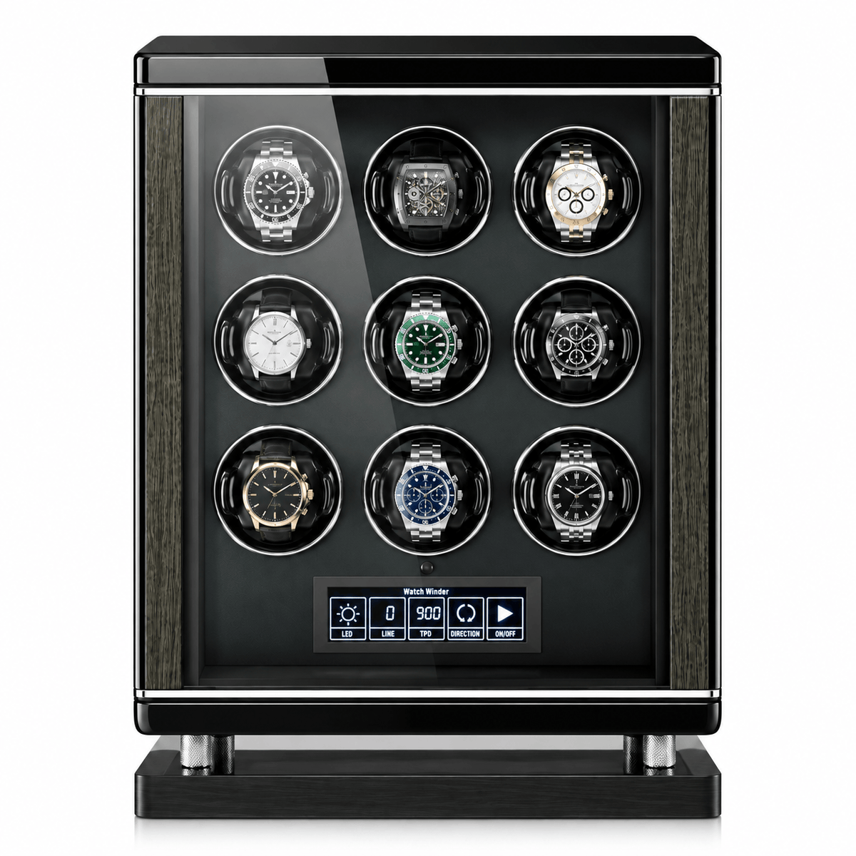 The Time Foundry 9 Slot Watch Winder for Automatic Watches, Piano Black, Japanese Motor
