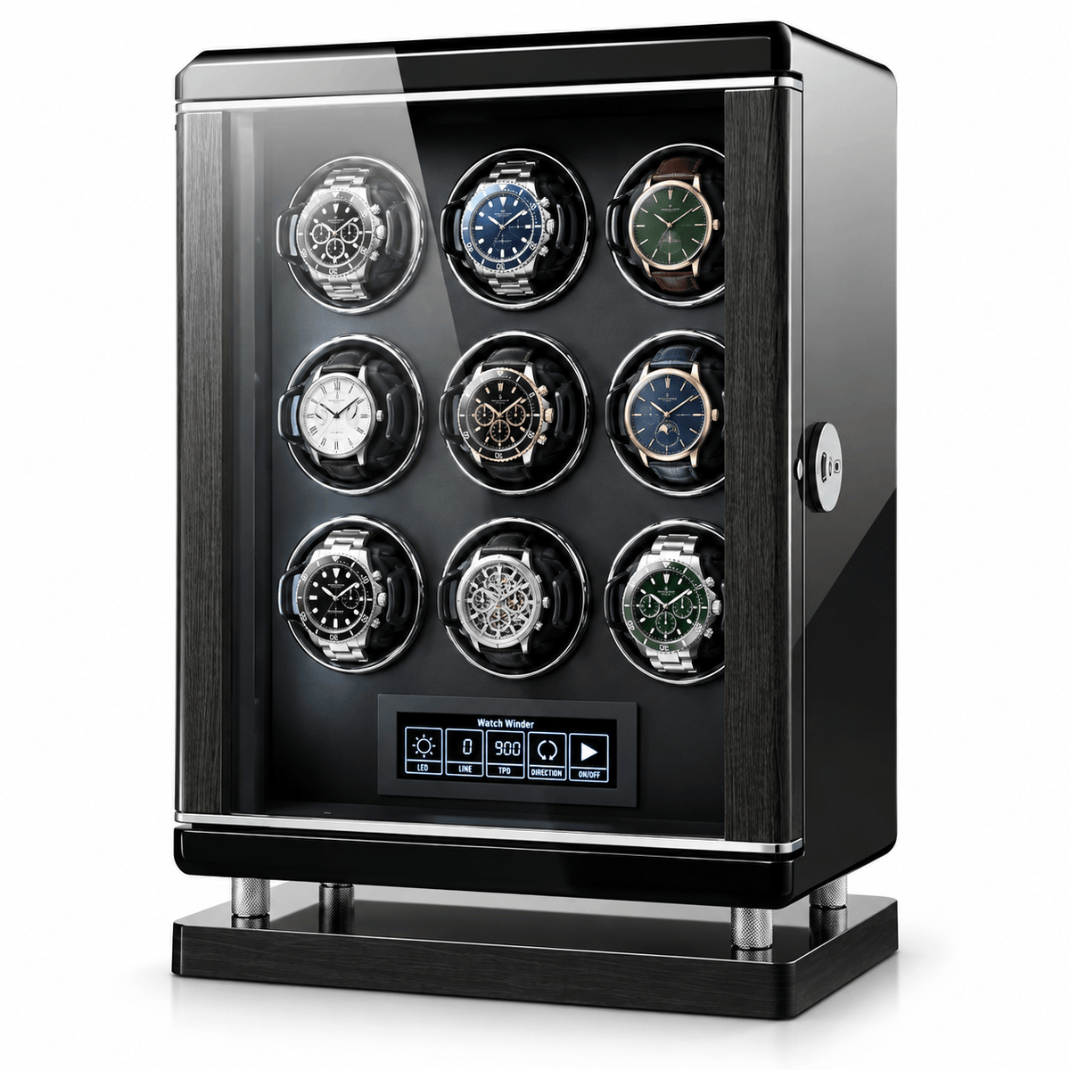 The Time Foundry 9 Slot Watch Winder for Automatic Watches, Piano Black, Japanese Motor