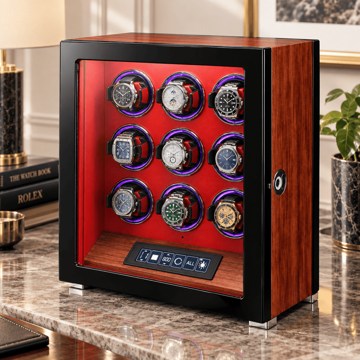 The Time Foundry 9 Slot Watch Winder for Automatic Watches, Rosewood, 12-Point Motor