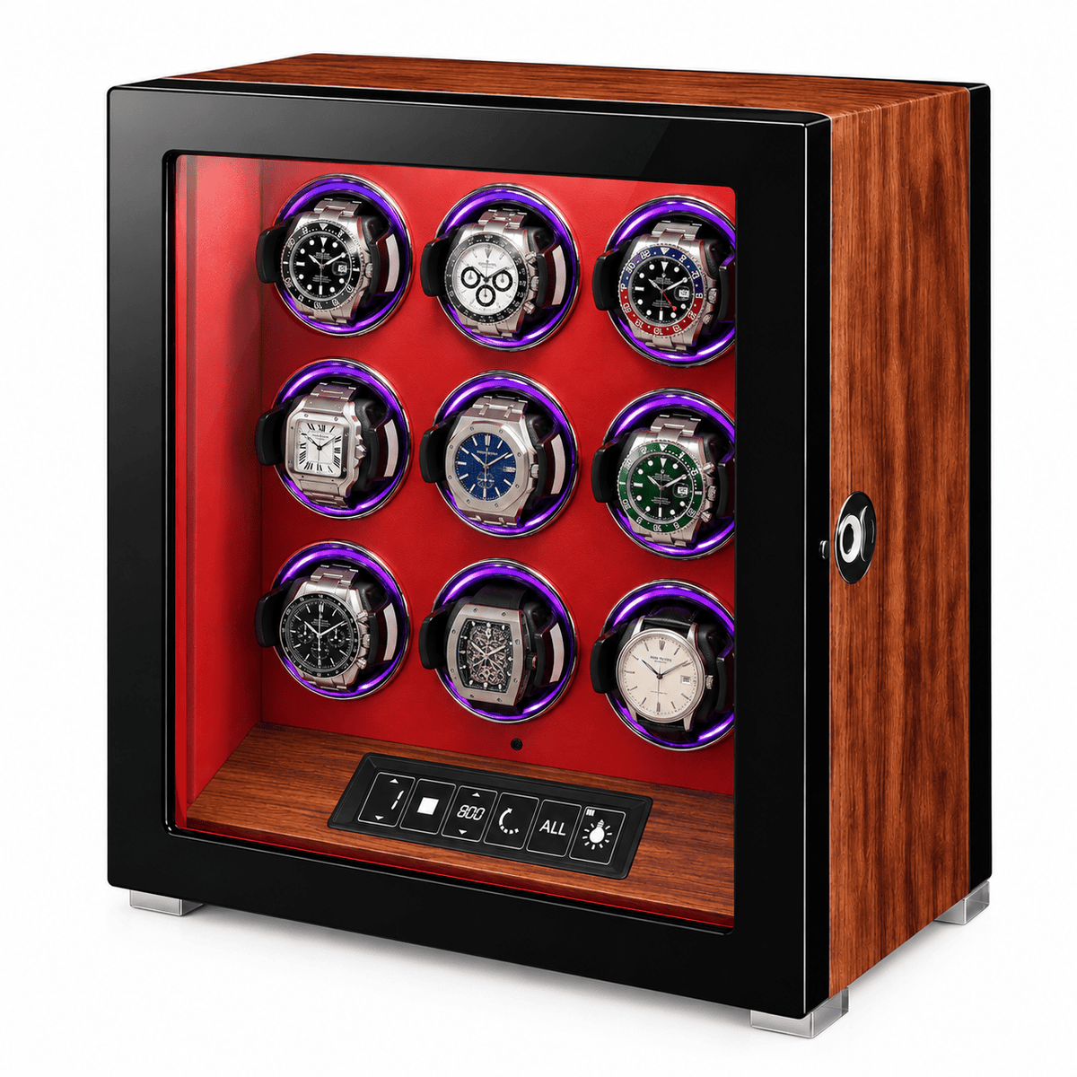 The Time Foundry 9 Slot Watch Winder for Automatic Watches, Rosewood, 12-Point Motor