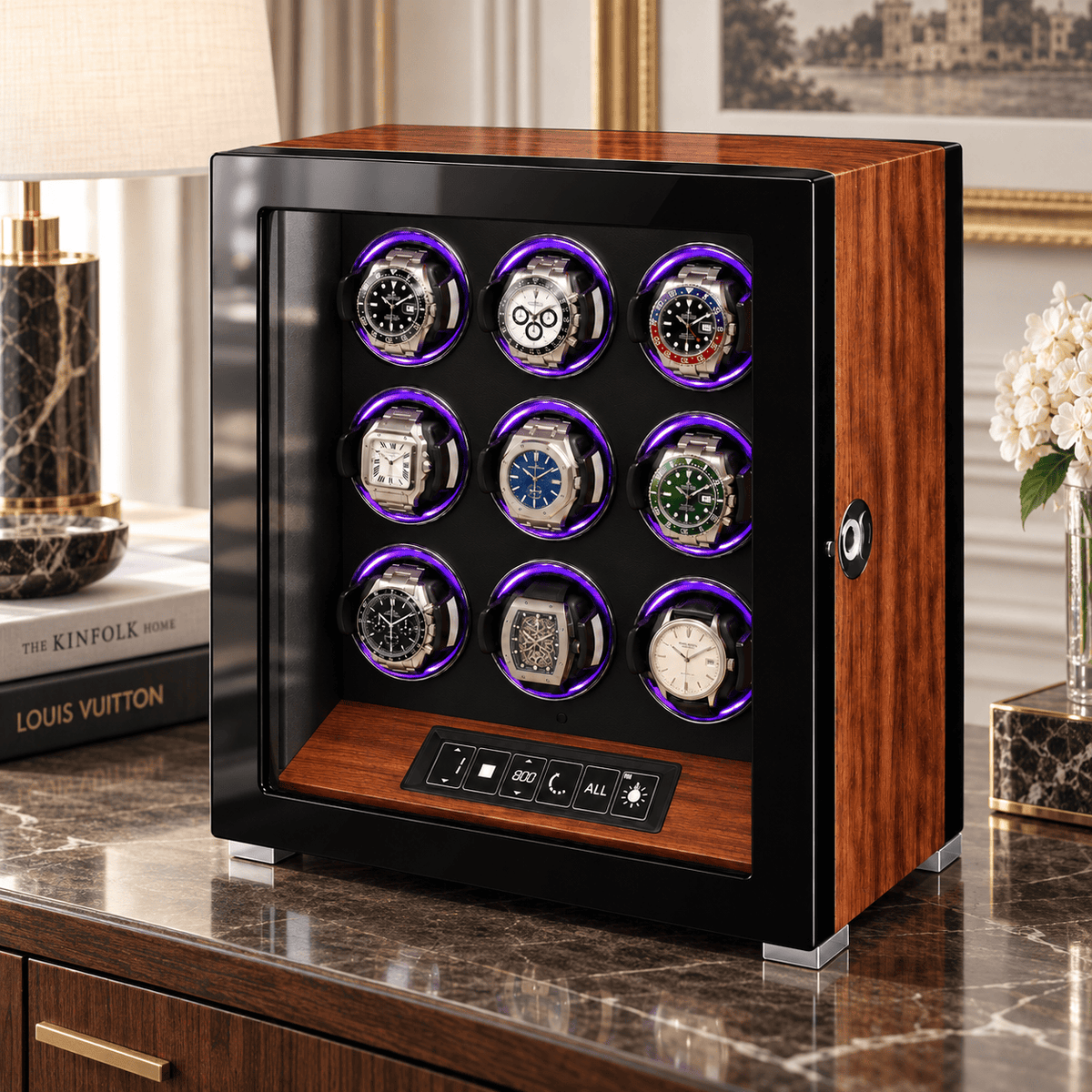 The Time Foundry 9 Slot Watch Winder for Automatic Watches, Rosewood, Black Interior