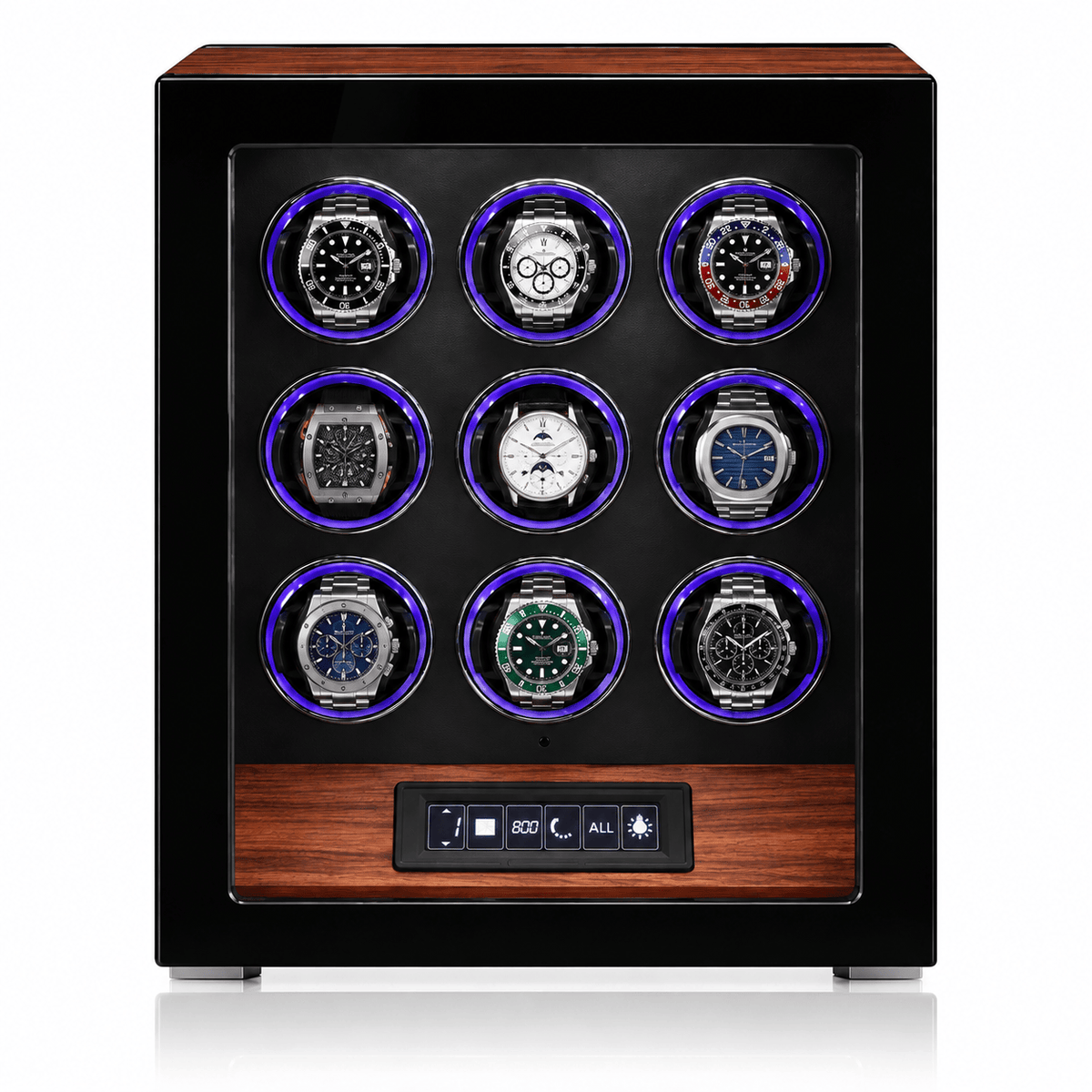 The Time Foundry 9 Slot Watch Winder for Automatic Watches, Rosewood, Black Interior Image