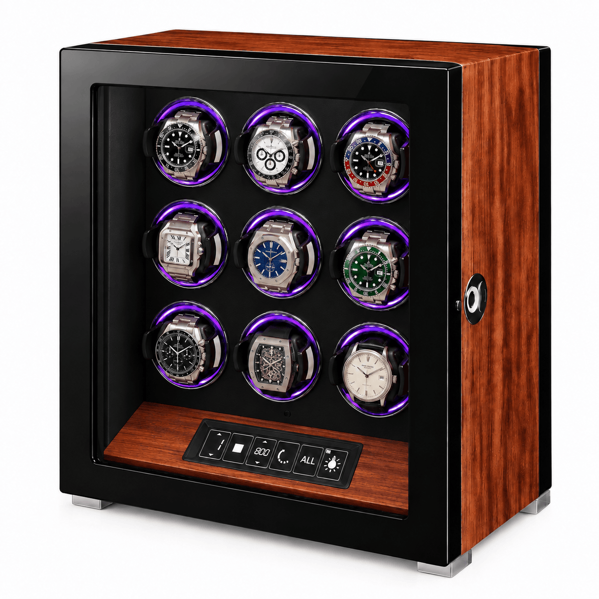 The Time Foundry 9 Slot Watch Winder for Automatic Watches, Rosewood, Black Interior