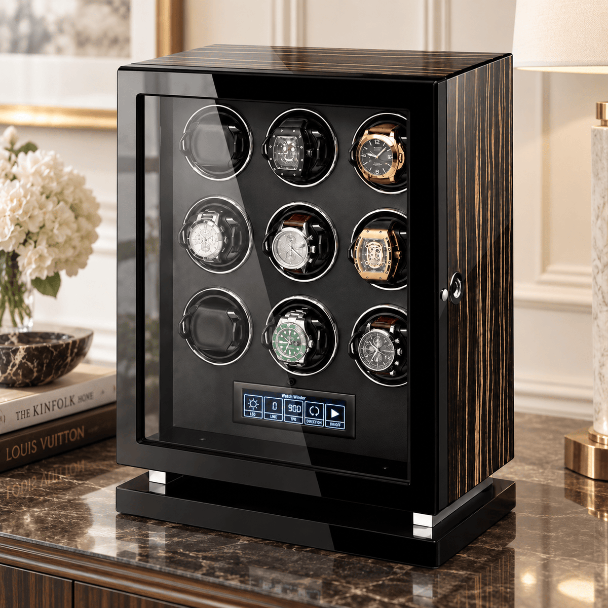 The Time Foundry 9 Slot Watch Winder for Automatic Watches, Wood Grain, Adjustable TPD