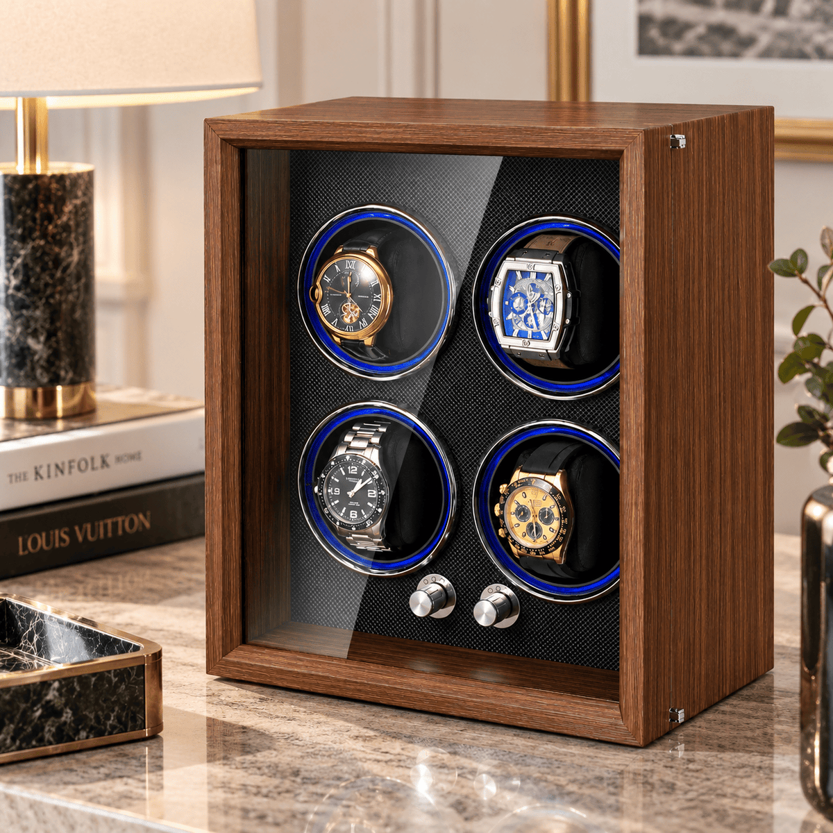 The Time Foundry Aldrick - 4 Slot Wood Grain Watch Winder